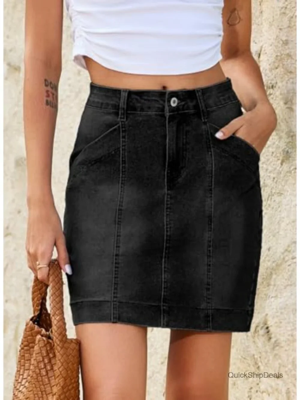 High Waisted Stretch Mini Denim Skirt with Pockets, Trendy Front Seam